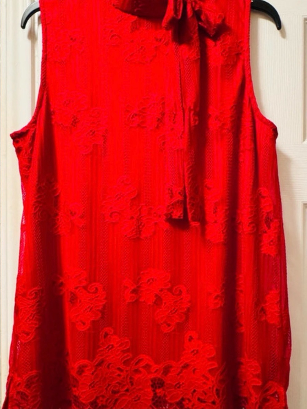 Sleeveless Red Lace Tie-Neck Blouse - Women's
